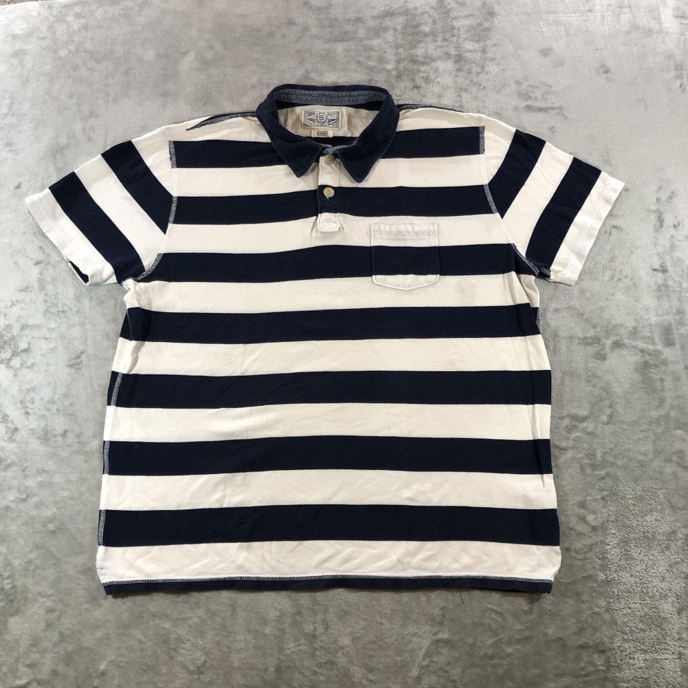 Lucky Brand Polo Shirt Mens XL Blue White Stripe Chest Pocket Cotton Knit